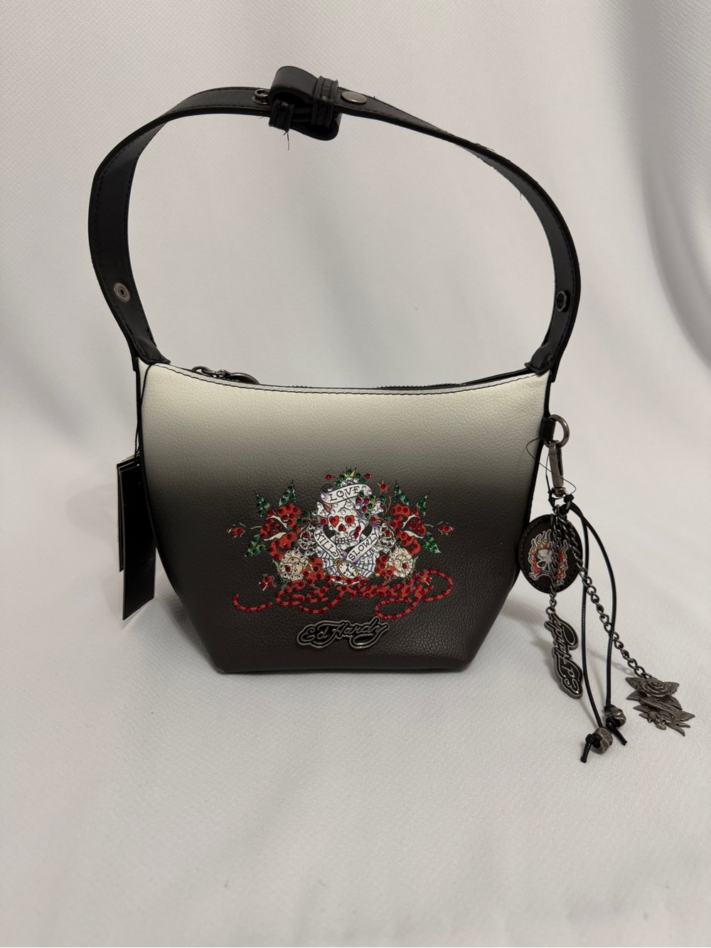 Ed Hardy Black & White Ombre Floral Skull Shoulder Bag with Charms
